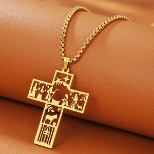 Vintage Stainless Steel Hollow Nativity Cross Pendant Necklace Retro Christian Religious Nativity Scene Jewelry For Men