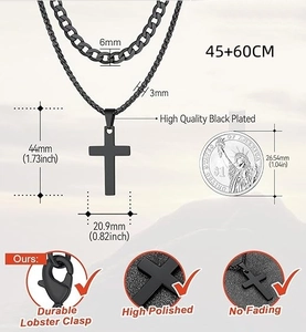 Detail view of black plated cross necklace set with 45cm and 60cm chain size specs