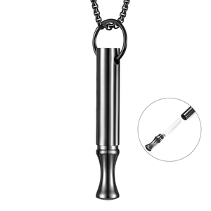 Detail showing detachable black stainless steel breathing necklace with inner sponge core