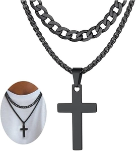Close-up of double-layer black stainless steel Cuban chain necklace with cross pendant
