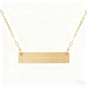 Macro shot of gold vertical bar pendant necklace with Philippians 4:13 engraving