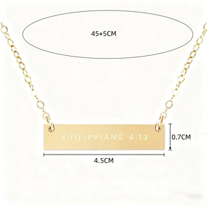 Stainless steel gold vertical bar necklace with Philippians 4:13 engraving and chain