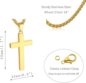 Detailed view of gold stainless steel cross pendant with dimensions and wheat chain texture