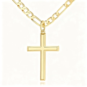 Collana con ciondolo a croce 3D dorata con bordi smussati e catena Figaro da uomo donna