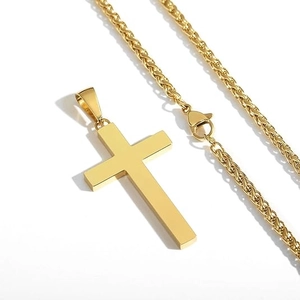 Polished gold stainless steel cross pendant necklace with wheat chain design