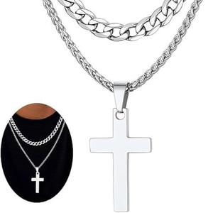 Stainless Steel Layered Cross Pendant Necklace Cuban Link Wheat Chain Set Men Women Trendy Hip Hop Style Jewelry