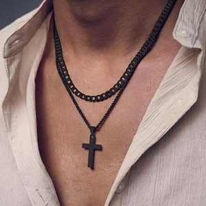 Men's double-layered black stainless steel necklace with cuban chain and cross pendant