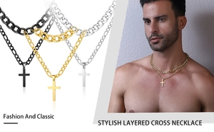 Detail showing mens double layered stainless steel curb and figaro cross necklace