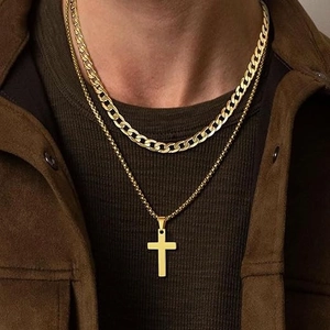 Double-layered golden stainless steel Cuban chain necklace with cross pendant for men and women