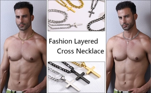 Detail view of double-layered hip-hop stainless steel cross necklace for men in three colors