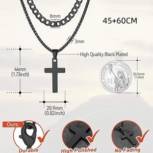 Matte black stainless steel double layer Cuban link necklace set with cross pendant