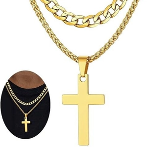 Double-layered gold stainless steel necklace with Cuban chain and large cross pendant