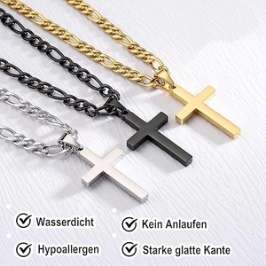 Three hip hop stainless steel cross necklaces in gold, black and silver on white background
