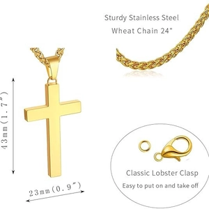 Gold stainless steel cross pendant necklace with wheat chain and lobster clasp