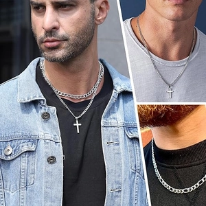 Hip hop silver stainless steel layered necklace set with cross pendant for men