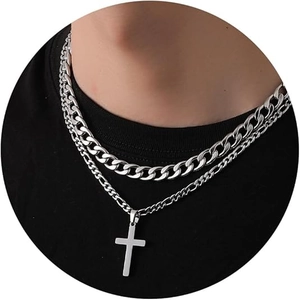 Stainless Steel Layered Cross Pendant Necklace For Men Hip Hop Double Curb Figaro Chain Silver Gold Black Religious Jewelry