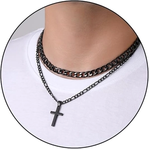 Double-layered black stainless steel cuban chain necklace with a cross pendant for hip-hop style