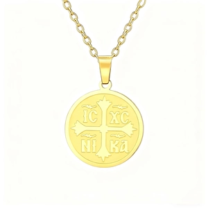 Golden Orthodox IC XC NIKA cross medallion necklace with polished round pendant