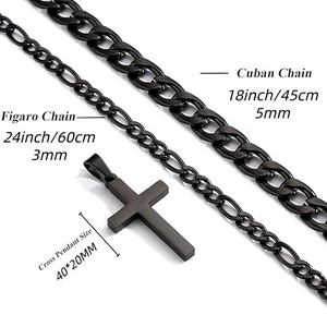 Hip hop black stainless steel Cuban and Figaro layered necklace set with cross pendant