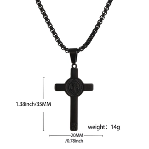 Collier croix vintage en acier inoxydable noir avec relief religieux et chaîne box