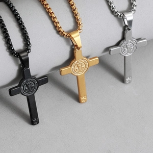 Collier Pendentif Croix Médaille De Saint-Benoît En Acier Inoxydable Vintage Bijoux De Foi Catholique Pour Hommes Et Femmes