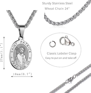 Detail of St. Patrick stainless steel oval medal with 24-inch wheat chain and clasp