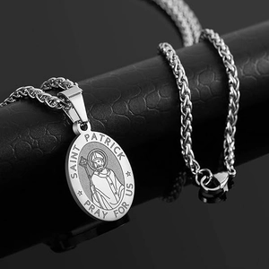 Oval Saint Patrick medal pendant on stainless steel wheat chain necklace with silver finish