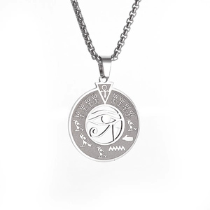 Collier en acier inoxydable avec Œil d'Horus et symboles Ankh sur pendentif rond