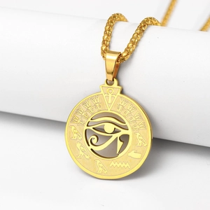 Collier avec pendentif Oeil de Horus en acier inoxydable doré et hiéroglyphes égyptiens