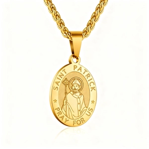 Saint Patrick gold oval medallion pendant necklace with a thick wheat chain for men