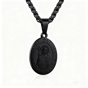Detailed relief of Saint Patrick on black matte oval medal pendant with chunky chain