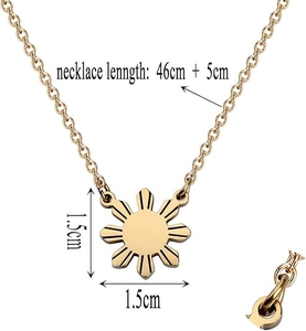 Guide des dimensions du collier soleil doré de 46cm avec un pendentif détaillé de 1,5cm