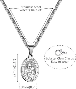 Detailed size chart showing stainless steel Saint Anthony religious pendant dimensions