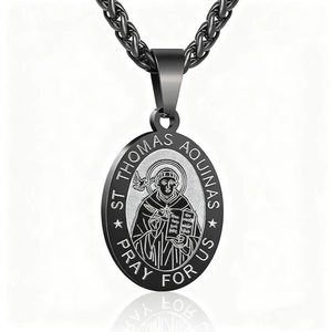Pendentif religieux ovale Saint Thomas d'Aquin en acier inoxydable noir et argent