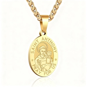 Saint Anthony religious oval pendant necklace in gold finish with relief carving