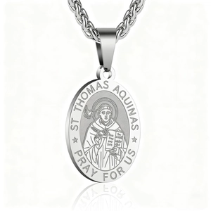 Collier avec Pendentif Médaille Ovale en Acier Inoxydable Saint Thomas d'Aquin Bijoux Religieux de Saint Patron Chaîne Épi Homme Femme