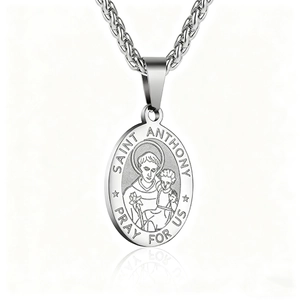 Saint Anthony religious medallion pendant in polished silver stainless steel
