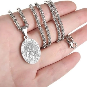 Collier à médaillon ovale Saint Thomas d'Aquin en acier inoxydable poli pour hommes