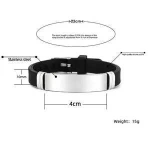 Minimalist adjustable black silicone and stainless steel ID bracelet with measurements