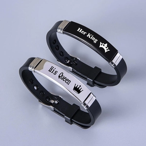 Her King and His Queen stainless steel silicone couple bracelets with crown engraving