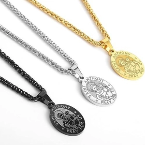 Stainless Steel Saint Anthony Pendant Necklace Catholic Patron Saint Religious Medal Oval Charm Wheat Chain Jewelry