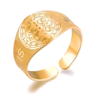 Adjustable gold Saint Benedict religious ring in stainless steel with relief medal design