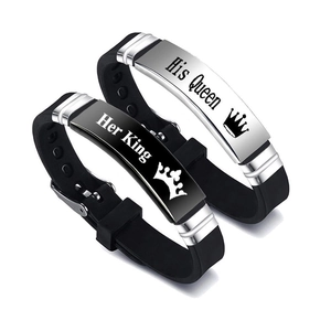 His Queen and Her King silicone couple bracelets with engraved stainless steel crown plates