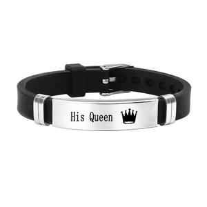 Adjustable black silicone and stainless steel bracelet with His Queen crown engraving