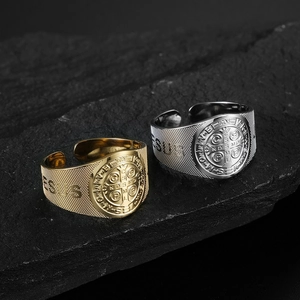 Vintage St Benedict Medal Jesus Stainless Steel Open Adjustable Ring Religious Cross Signet Ring For Men Women Exorcist Jewelry