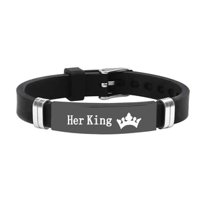 Black silicone couple bracelet with Her King engraving and crown detail for men