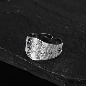 Vintage Jesus St. Benedict medal ring in silver stainless steel with adjustable open band