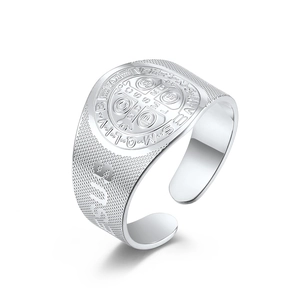 Religious St. Benedict medal stainless steel open ring with Jesus engraving
