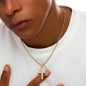 Collier pendentif double croix dorée hip hop avec cristaux clairs et chaîne pour homme