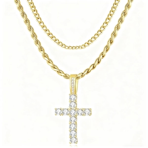 Pendentif croix dorée hip hop pour homme avec double chaîne torsadée et strass